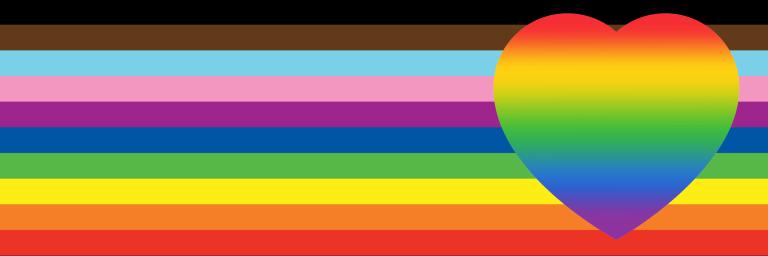 Pride colors run horizontally into a pride colored heart on the right