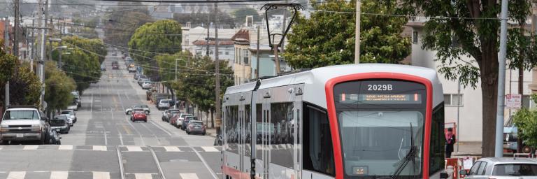 J Church train travels on Church Street in Noe Valley.