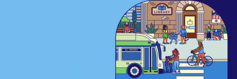 Illustration of a bus and people in front of a library