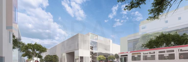 rendering showing modern bus facility with a bus approaching an entrance