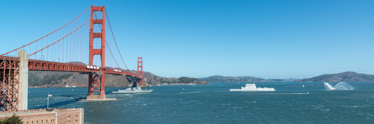 Parade of boats under the Golden Gate Bridge