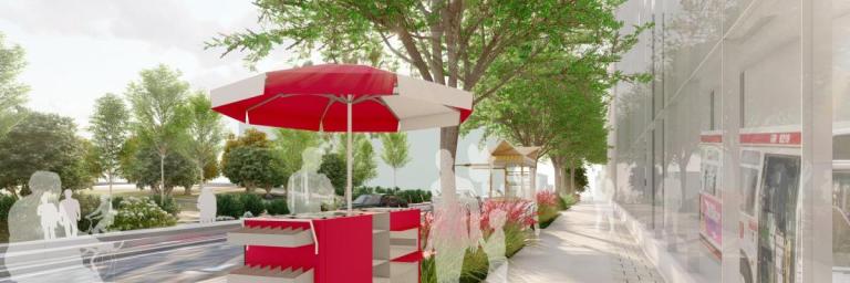 Rendering shows a red kiosk with a red and white umbrella. It's on a sidewalk next to shadows of people biking and customers standing by.