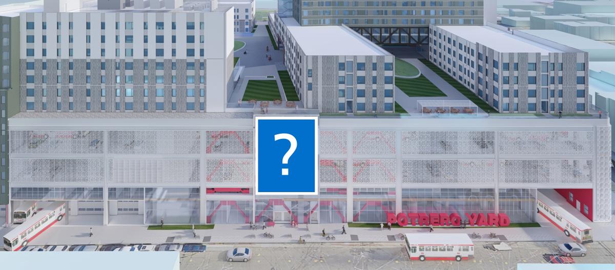 Visualization of the Mariposa Street stairwell area where new art is coming. A blue block of color with a question mark shows where the art is heading. Visualization of the Mariposa Street stairwell area where new art is coming. A blue block of color with a question mark shows where the art is heading.