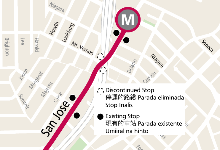 M Ocean View Mt Vernon Stop Alert A map shows the M Ocean View line along San Jose Avenue. Stops at Mt. Vernon are noted as discontinued.
