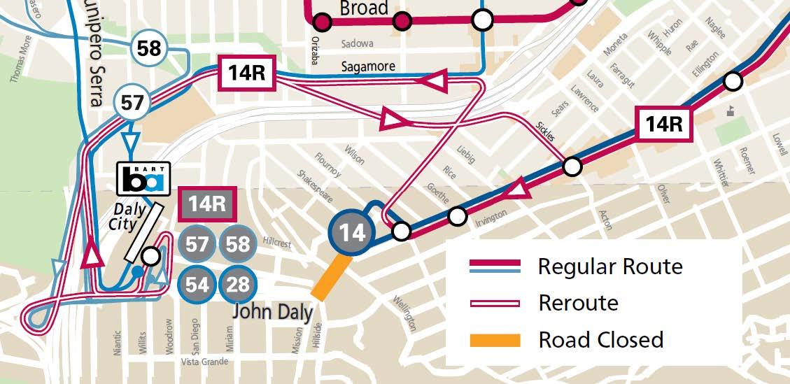 Daly City Street Festival Event Service Map Map showing the reroutes of Muni's 14R Mission Rapid & 58 Lake Merced routes during the Daly City Street Festival