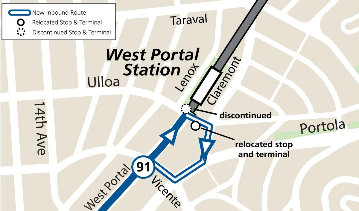 Map of the 91 3rd Street/19th Avenue Owl terminal change from West Portal & Ulloa to Ulloa & West Portal (between West Portal and Claremont) and its new routing around the West Portal area, effective October 19, 2024
