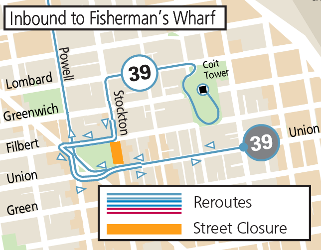 Inbound 39 Coit event reroute map Map of Inbound 39 Coit reroute around the street closure of Stockton between Filbert and Union