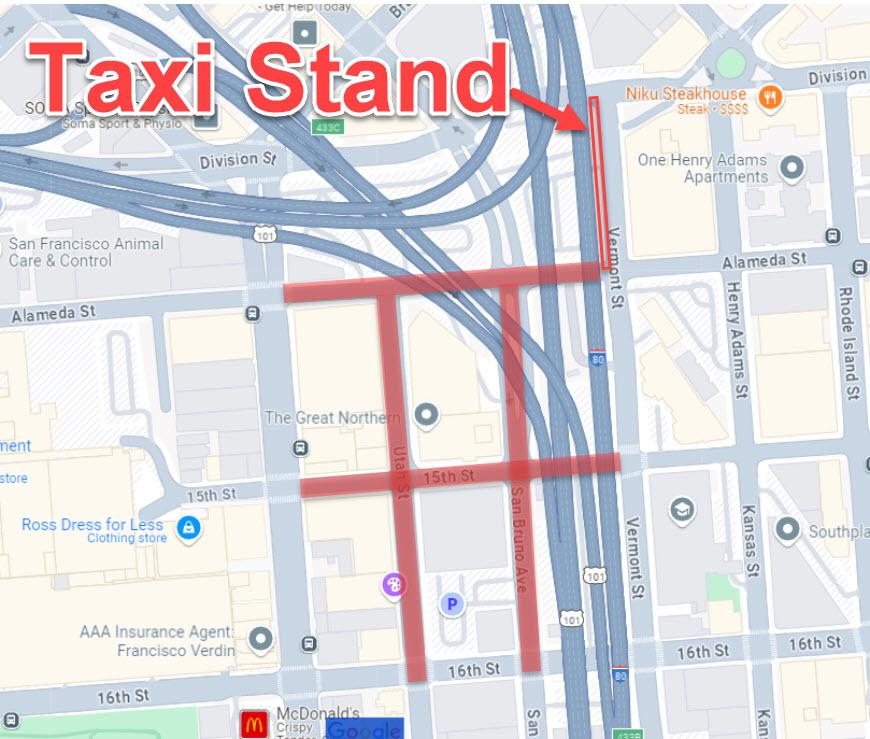 Taxi stand and road close for SF Decompression 2024