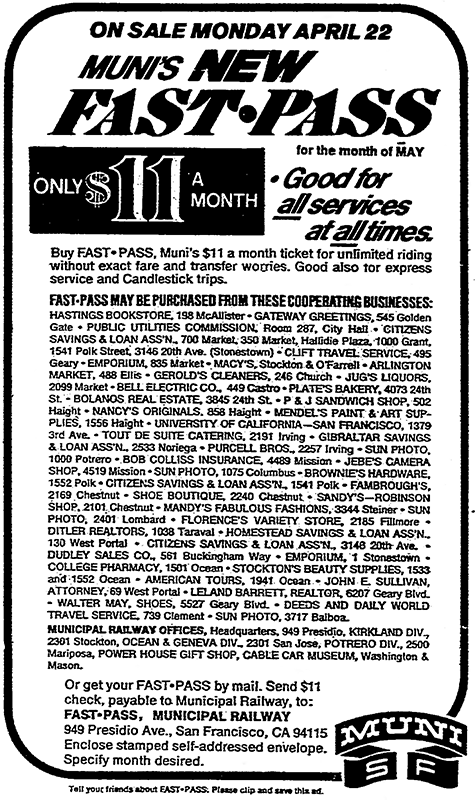 Photo of a San Francisco Chronicle newspaper ad from the 1970s promoting the Muni Fast Pass and sharing a list of locations where it could be purchased.