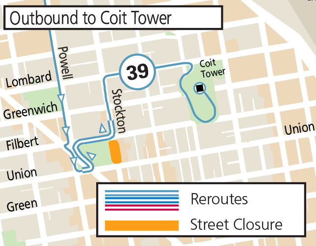 Outbound 39 Coit event reroute map Map of Outbound 39 Coit reroute around the street closure of Stockton between Filbert and Union