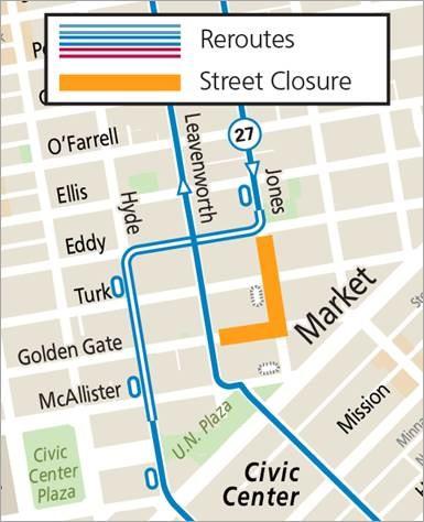 Map showing street closures and Muni 27 Bryant reroute during 2025 Eid Festival