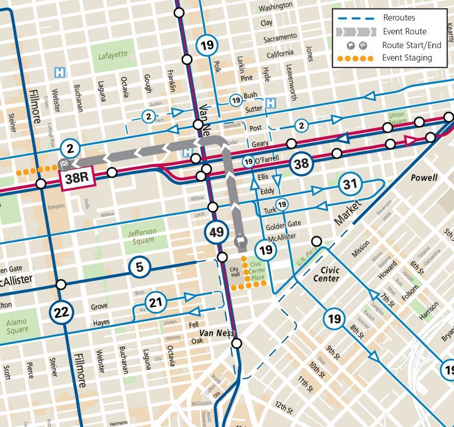 Map of Muni service reroutes and parade route for the annual Cherry Blossom Parade
