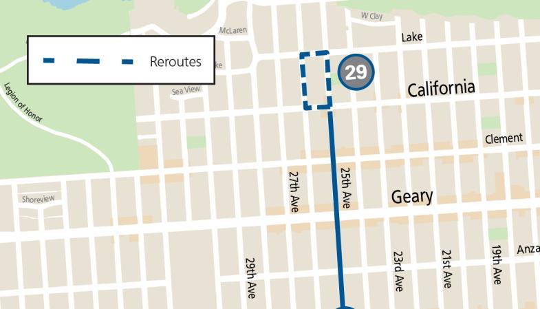 Map showing the northern reroute for the 29 Sunset during the Escape from Alcatraz Triathlon PTO event