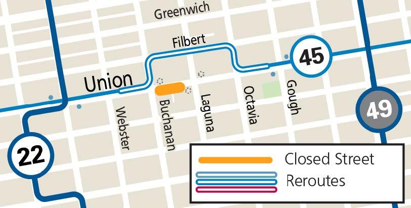 Map showing Union St. closure between Laguna & Buchanan, and the 45 Union/Stockton reroute around the closure, for the Bus Stop Saloon 125th Anniversary celebration on May 17, 2025