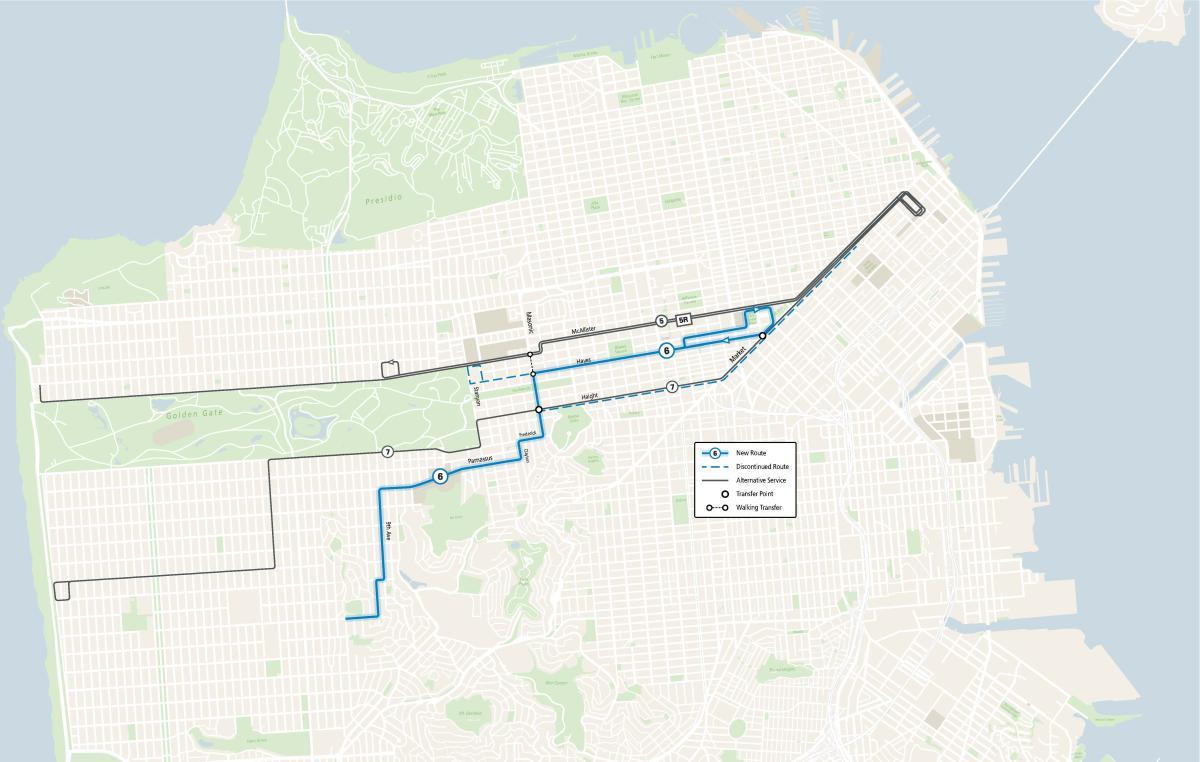 A map showing the routing for a new 6 Hayes-Parnassus route, part of the June 21 Muni service changes.
