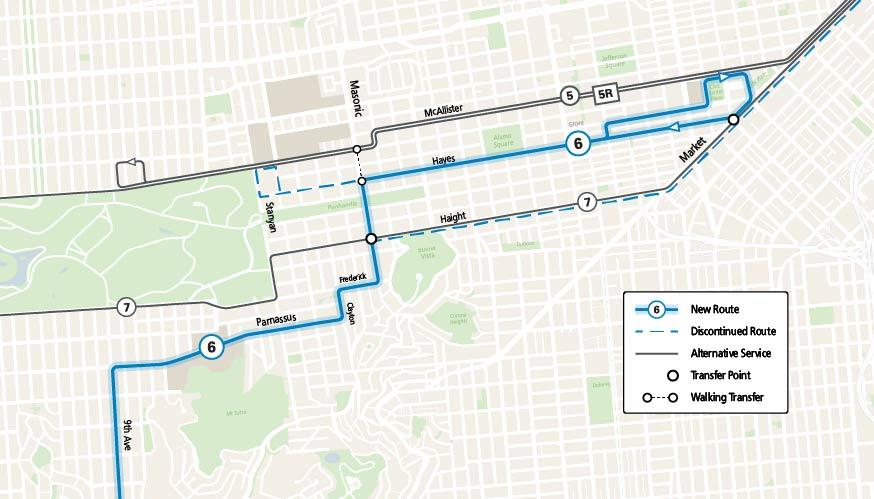 A map showing the routing for a new 6 Hayes-Parnassus route, part of the June 21 Muni service changes.