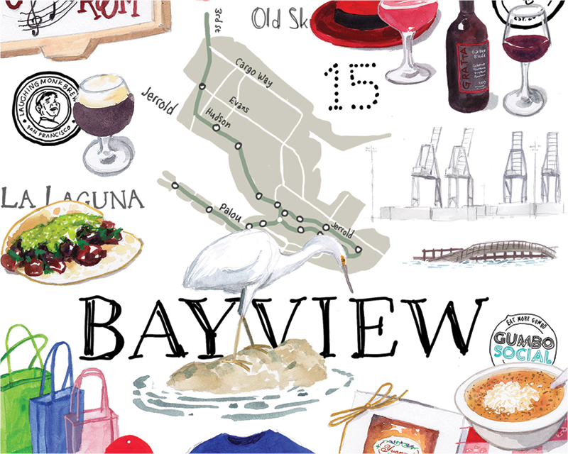 Illustration of places to explore in the Bayview. Artwork includes images of coffee, wine and food items.