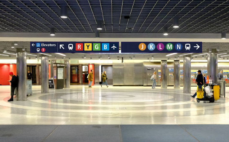 Simulation of wayfinding signs to be tested at Powell Station as part of the Regional Mapping and Wayfinding Project. 