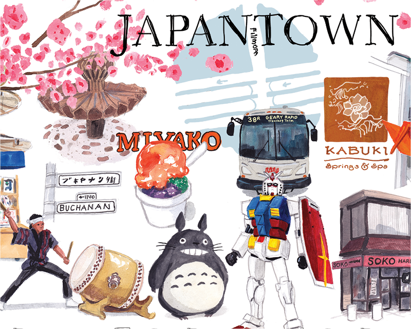 Go Local Campaign artwork highlighting things to explore in Japantown. Images reference Japanese restaurants, culture and more.