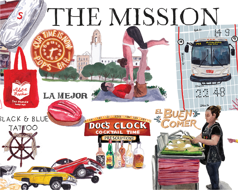 Go Local campaign artwork highlighting things to explore in the Mission. Images reference a range of small businesses.