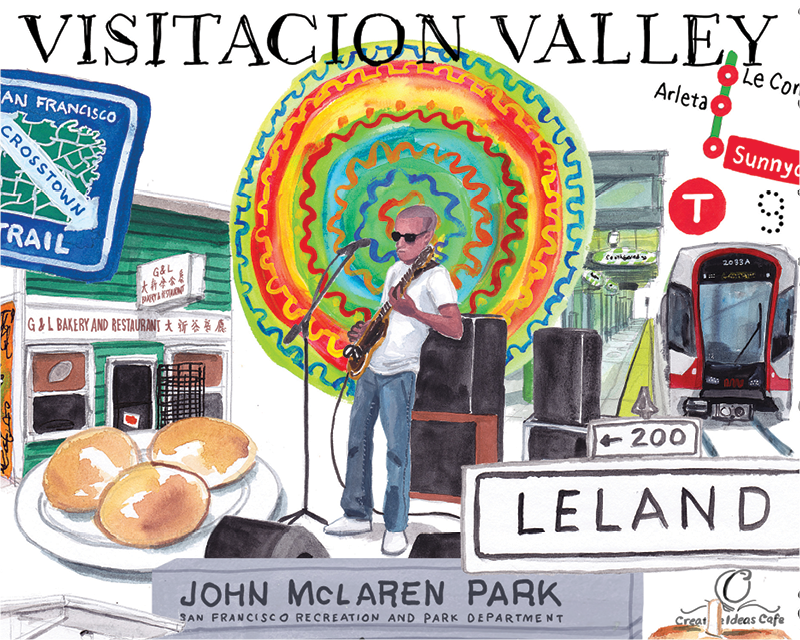 Go Local campaign artwork highlighting Visitacion Valley. Image references restaurants, baked goods, live music and the Crosstown Trail.