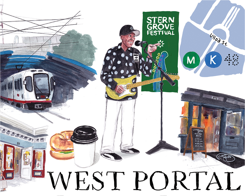 Go Local campaign artwork highlighting West Portal. Image references baked goods, the Stern Grove Festival and local businesses.