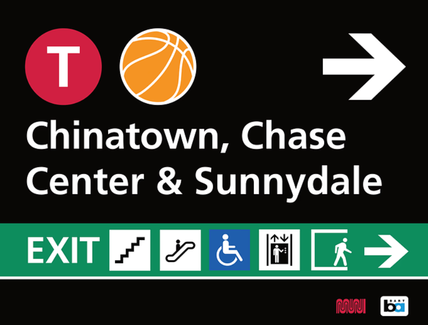 Infographic that shows the symbol for the T Third Train, a basketball, an arrow and text that reads "Chinatown, Chase Center & Sunnydale."