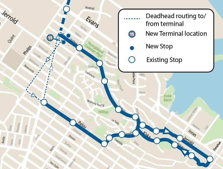 Map showing new 15 Bayview Hunters Point Express routing in the Hunters Point neighborhood
