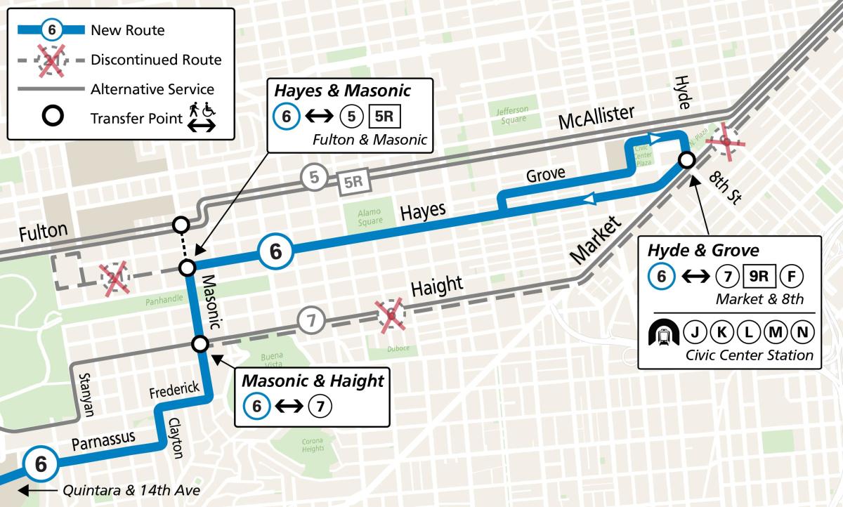 A map showing the routing of a new 6 Hayes-Parnassus route that will combine the 6 Haight-Parnassus and 21 Hayes
