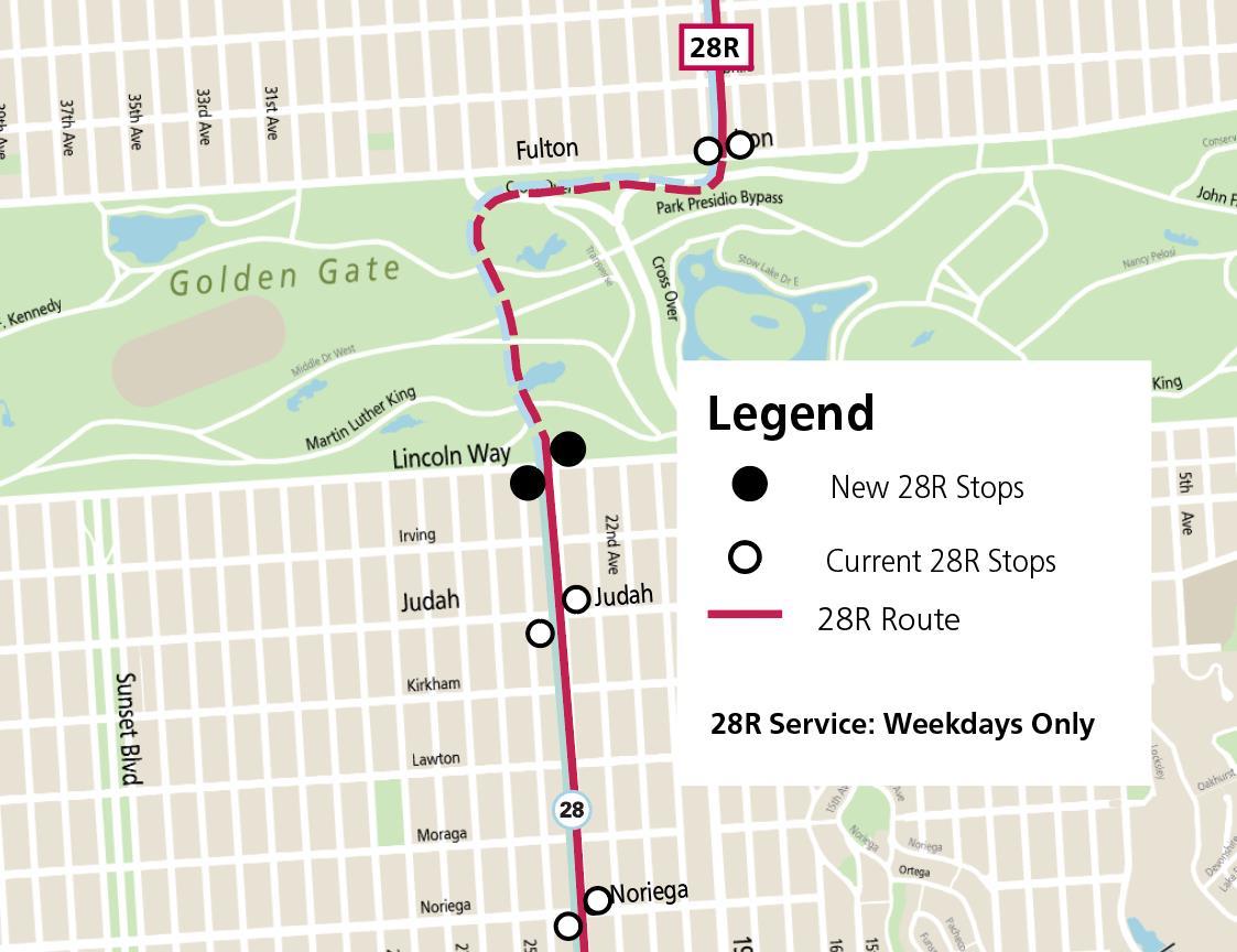 Map showing new stop locations for both directions of the 28R 19th Ave. Rapid Route
