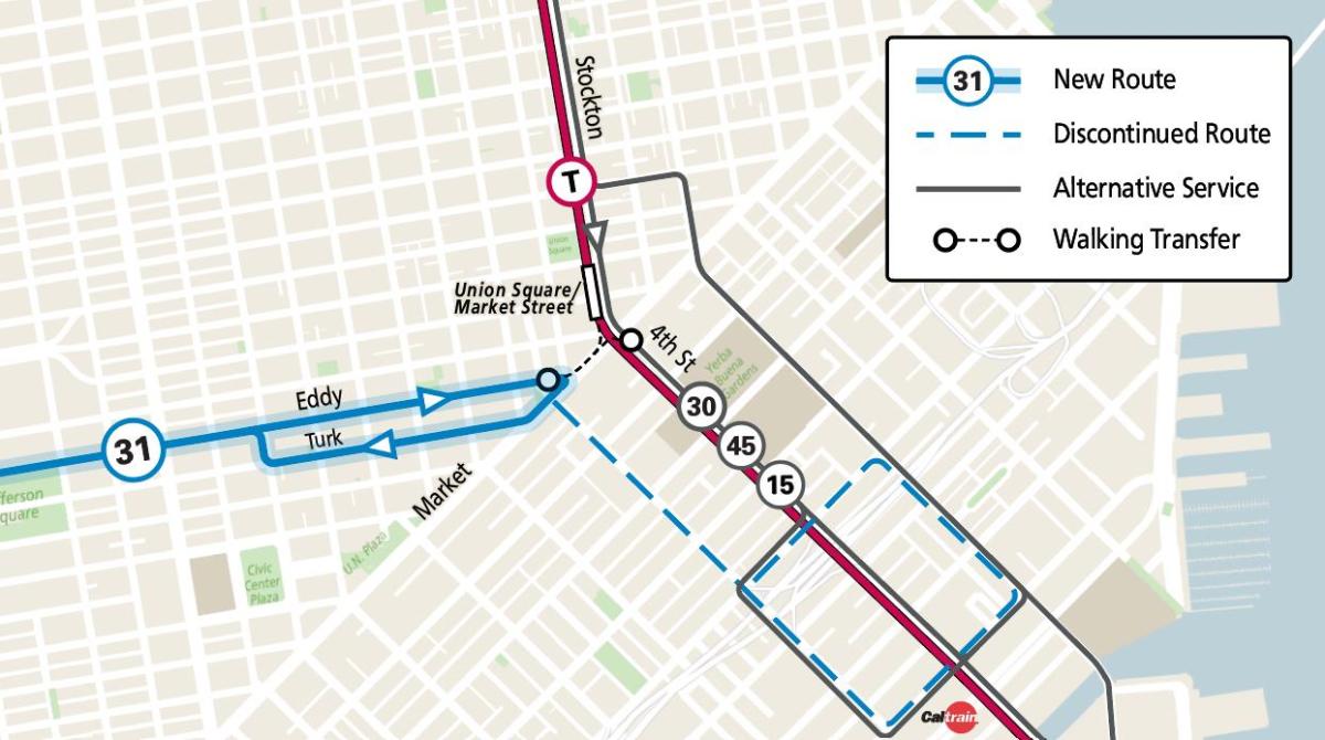 Map showing the 31 Balboa switchback location at Cyril Magnin & Market, along with alternate routes to/from SoMa and Caltrain