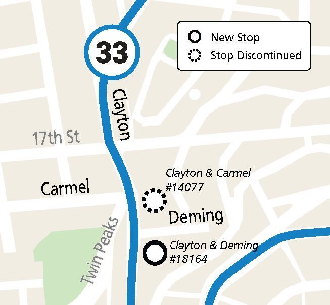 Map shows the 33 Ashbury-18th Street stop is moving from Clayton & Carmel less than one one block south to Clayton & Deming.