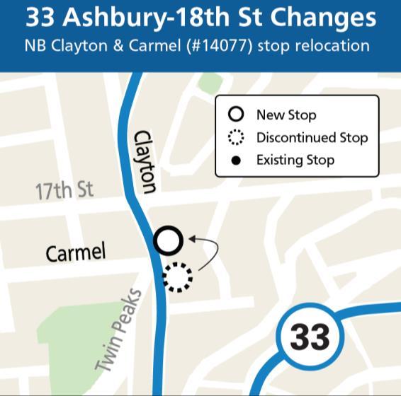 Map showing stop relocation for the 33 Ashbury/18th St. Route