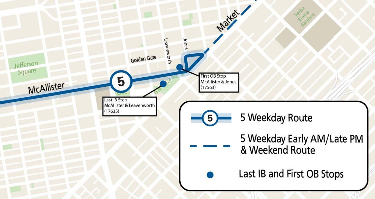 Map showing 5 Fulton switchback at Market Street, effective Saturday, June 21, 2025, during weekdays from 7 a.m. to 7 p.m.