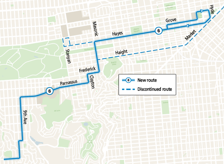 Map showing the new 6 Hayes-Parnassus Route with dashed lines indicating the discontinued portions of the former 6 Haight-Parnassus and 21 Hayes routes
