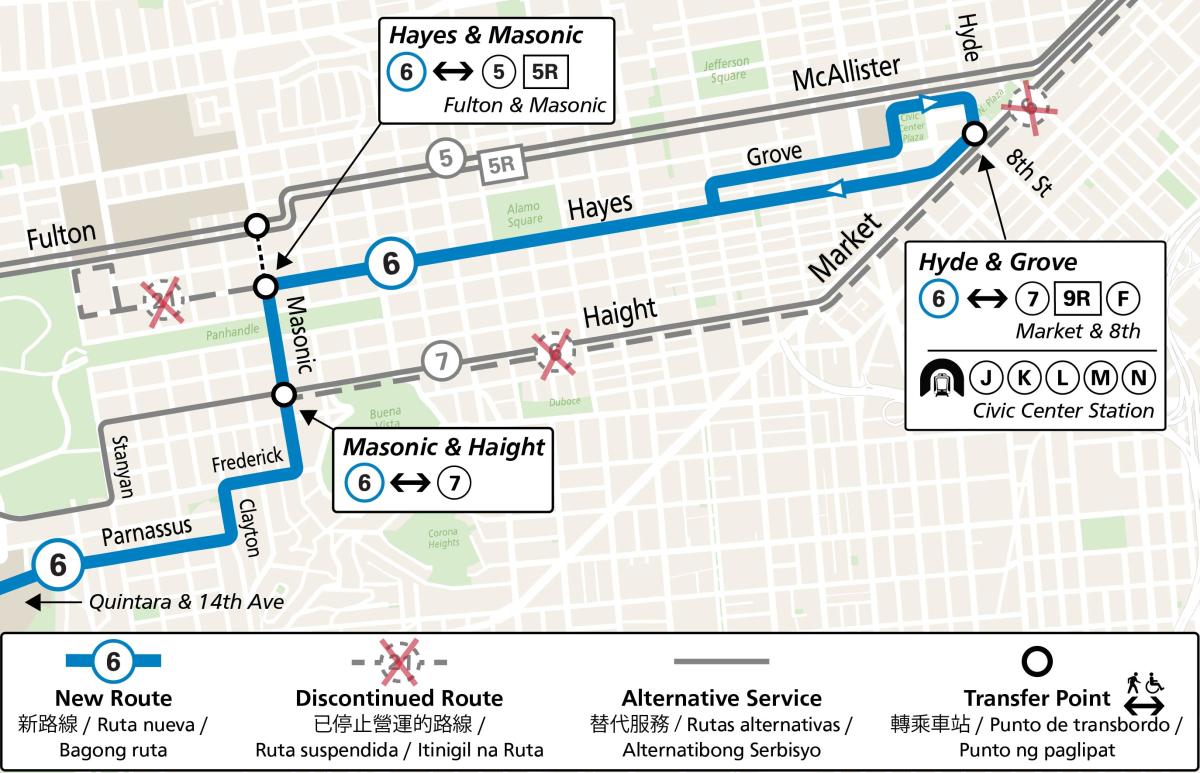 Map showing the route for the new 6 Hayes-Parnassus with reference to stops no longer served by discontinued routes.
