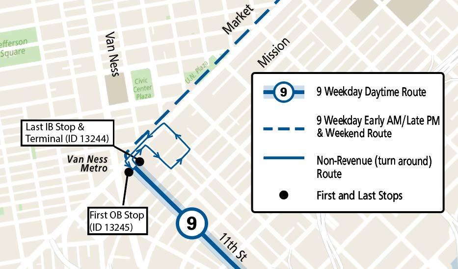 Map showing 9 San Bruno switchback at 11th & Market, effective Saturday, June 21, 2025, during weekdays from 7 a.m. to 7 p.m.