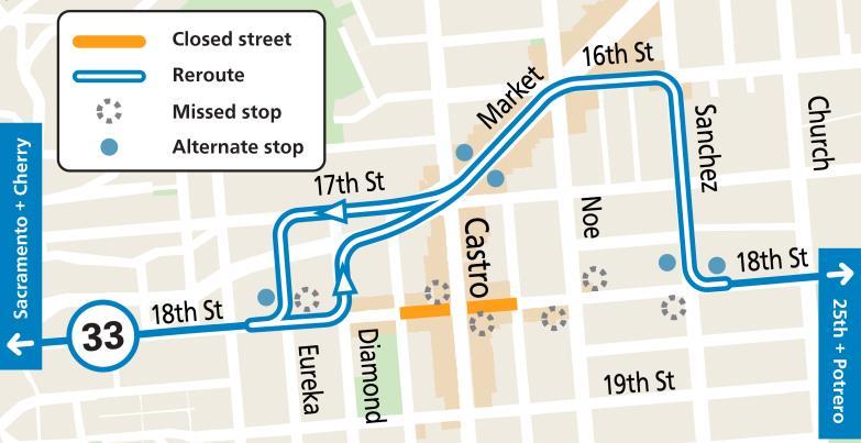 Map showing street closures and Muni service changes during the Castro Night Market event