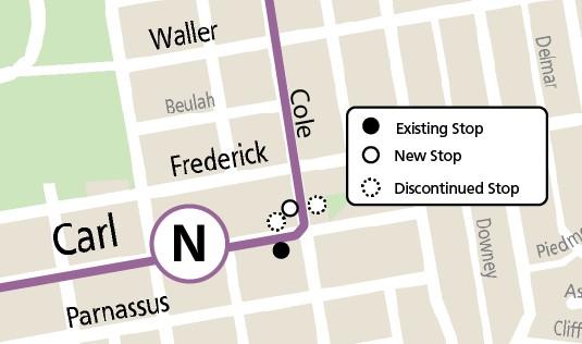 Map showing N Judah Owl stop relocations at Carl & Cole streets