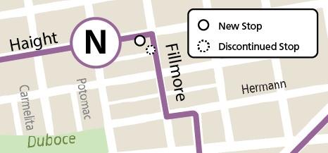 Map showing N Judah Owl stop relocation at Haight & Fillmore