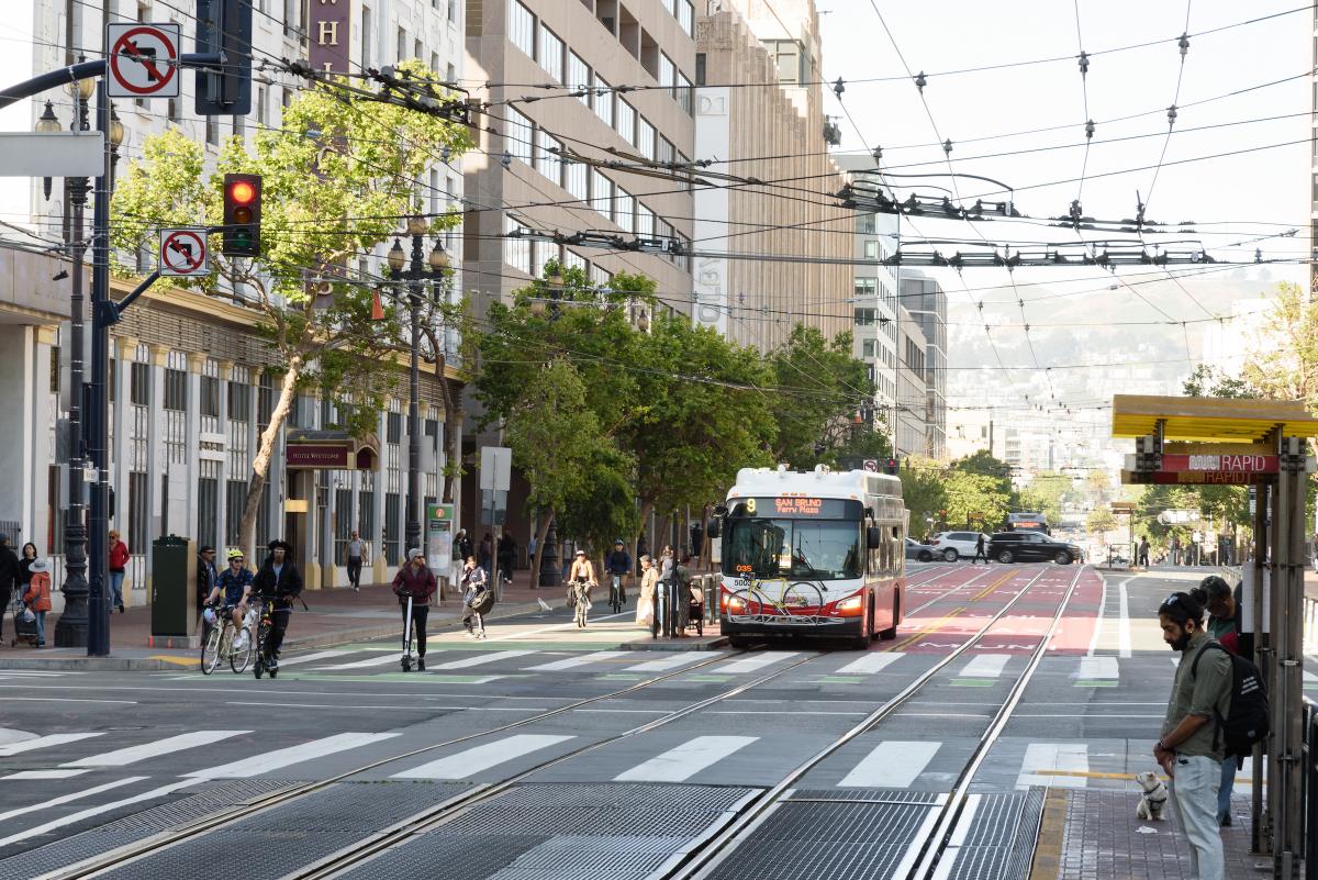 9 San Bruno bus heads downtown on Market Street near Mid-Market.