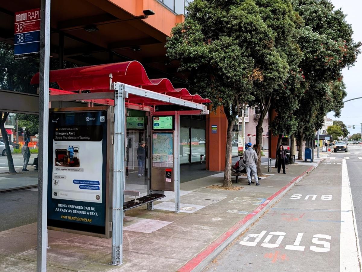 New bus shelter at outbound Geary and 6th Avenue.