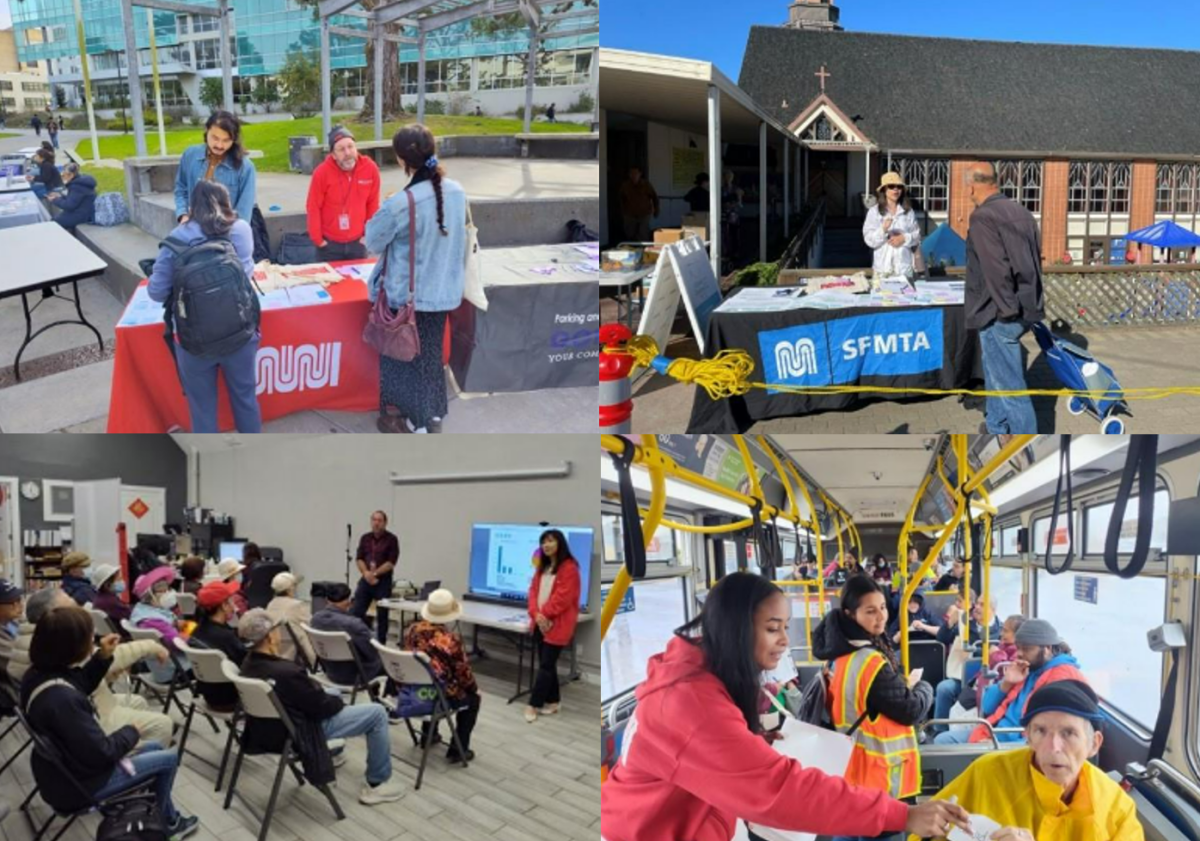 29 Sunset - Fall 2025 Outreach Grid Four photos show SFMTA staff members talking to members of the public on a Muni bus, at the SF State quad, outside of a church and at a presentation.