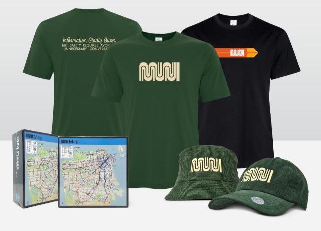 Graphic showing collection of new Muni merch -- including two shirts, two hats and a puzzle.