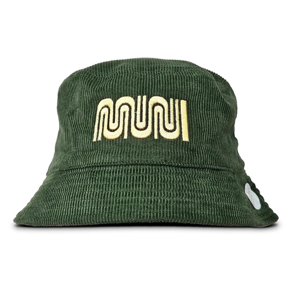 Close-up of the green Muni Corduroy Bucket Hat.