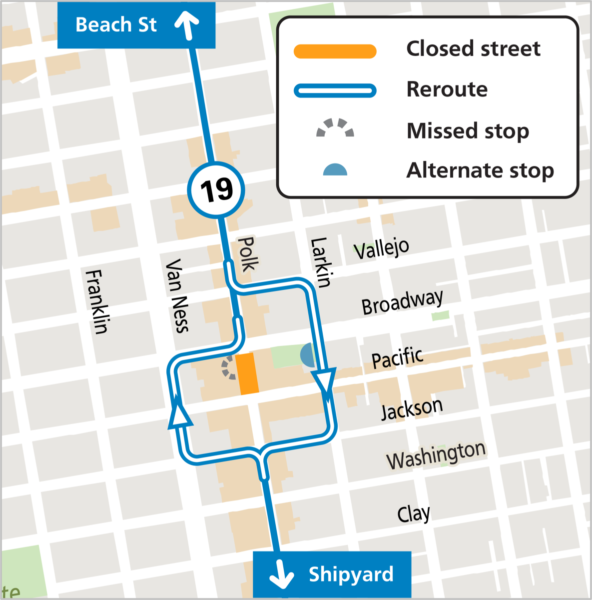 Map showing 19 Polk reroute for Shanghai Kelly's 40th Anniversary block party