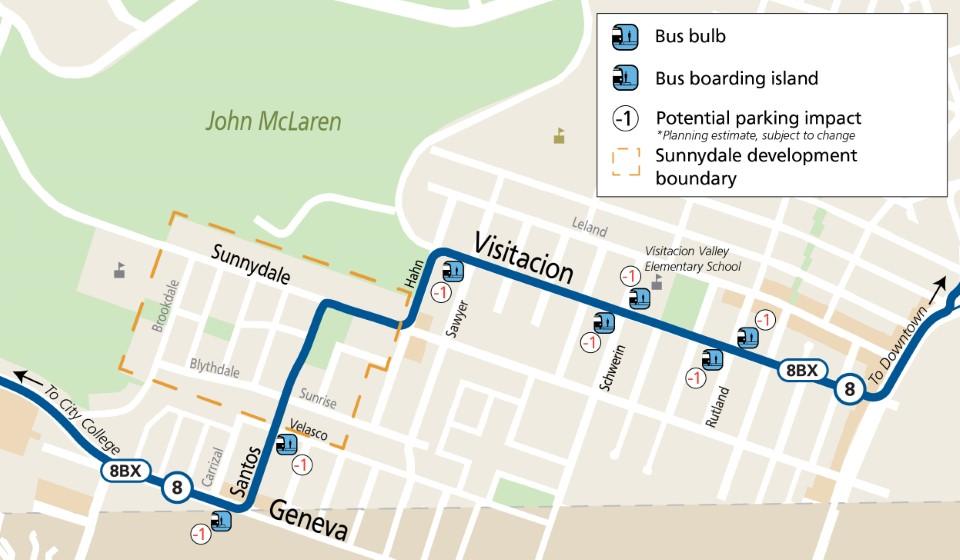 A map showing proposed changes to bus stops along the 8 Bayshore route in Visitacion Valley