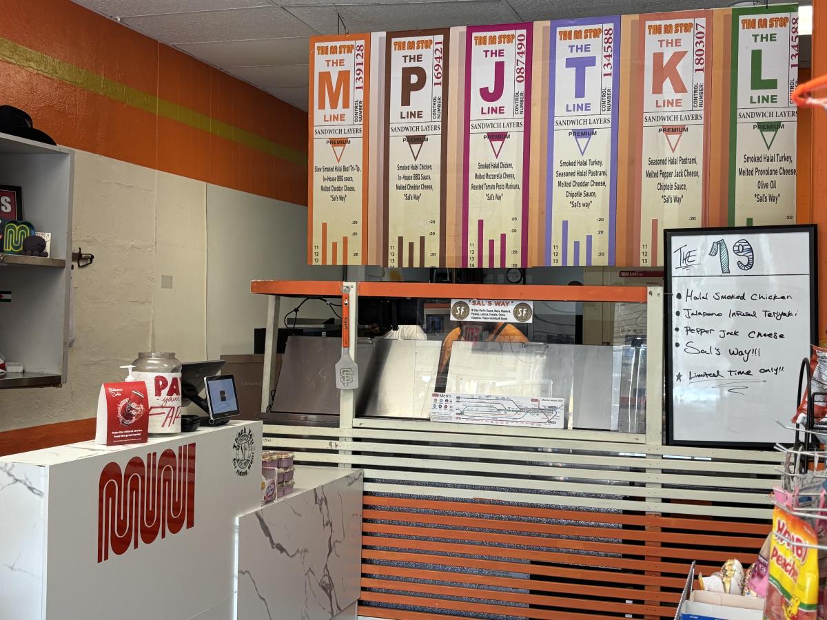 View inside M-Stop Deli. A menu aboard shows sandwich options against a backdrop of Muni's old paper transfers.