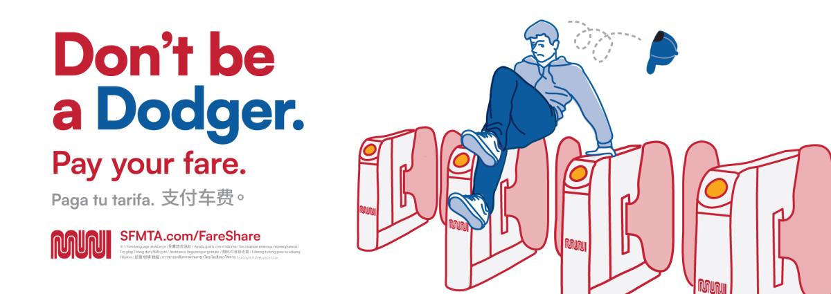 Campaign graphic that says: "Don't be a Dodger. Pay you fare" and features a man in blue jumping over a fare gate and losing his blue hat along the way.