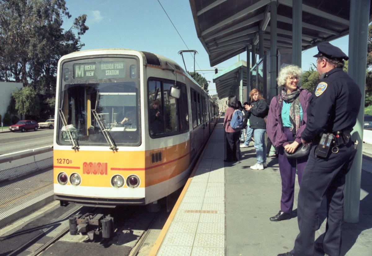 Photo from 1995 of an M line LRV stopping at SF State.